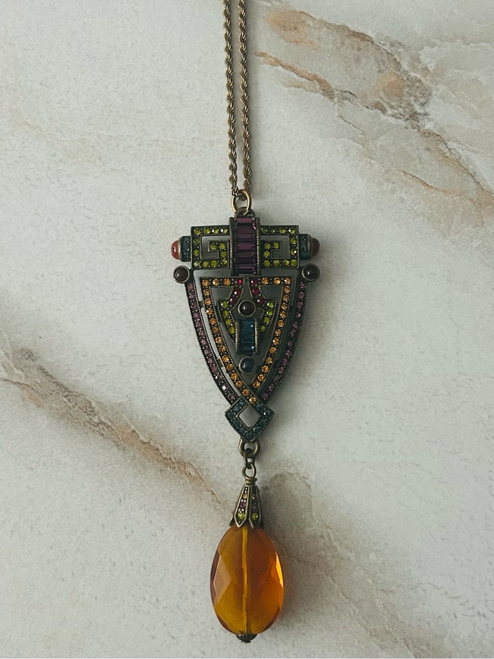 Heidi Daus Multicolor Art Deco Pendant Necklace with Amber Colored Teardrop